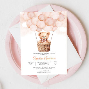Pink Balloon Teddy Bear Baby Shower Invitation