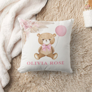 Pink Balloon Teddy Bear Boho Baby Girl Nursery Throw Pillow