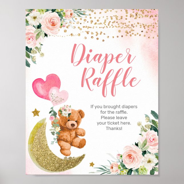 Pink Balloon Teddy Bear Diaper Raffle Sign (Front)