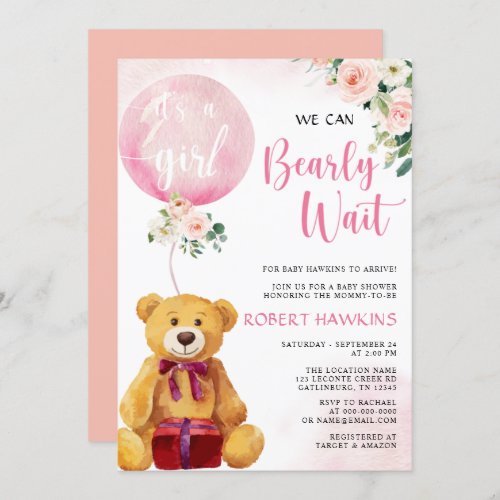 Pink Balloon Teddy bear Girl baby shower Invitation