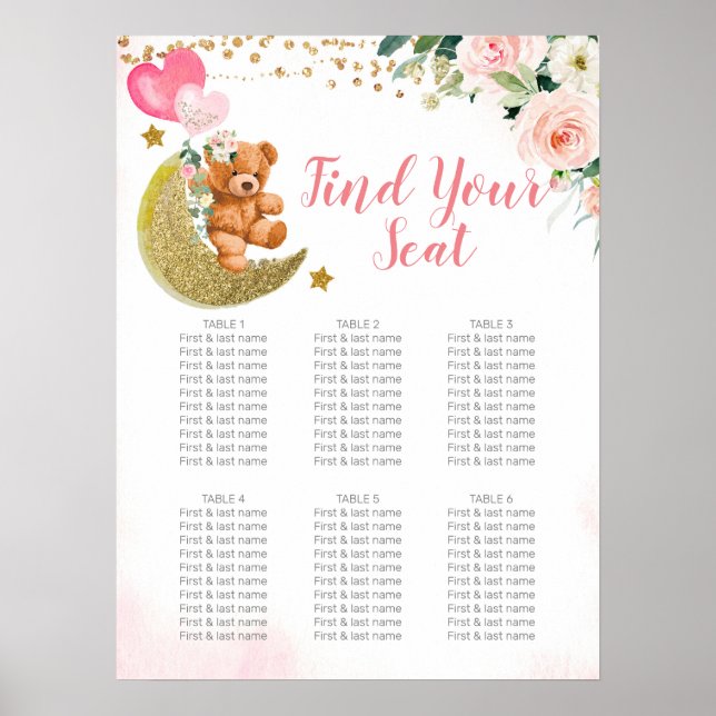 Pink Balloon Teddy Bear Seating Chart Sign (Front)