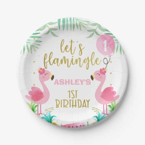 Pink Balloon Two flamingos first birthday Paper Plates