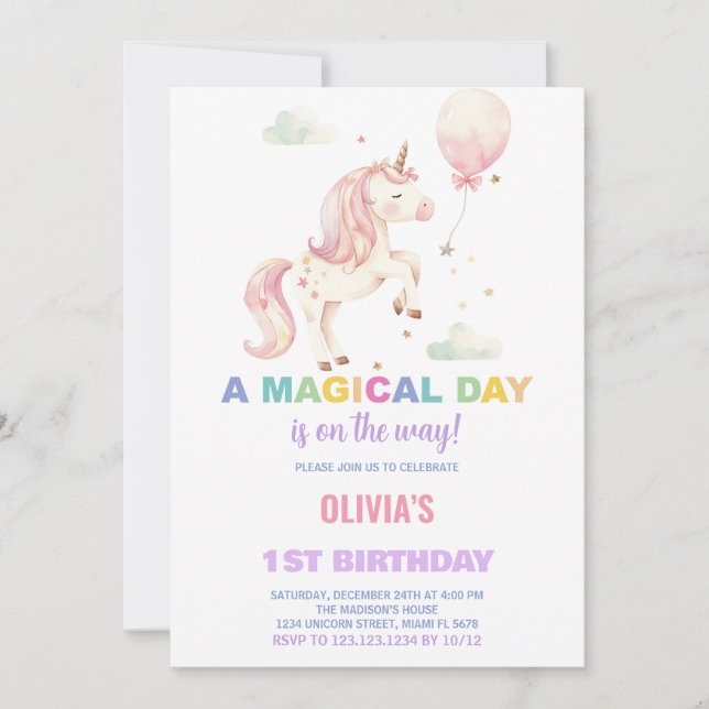 Pink Balloon Unicorn Birthday Invitations (Front)