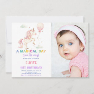 Pink Balloon Unicorn Birthday Invitations w photo
