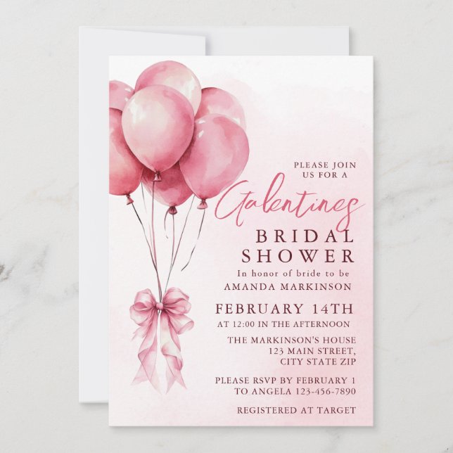 Pink Balloon Watercolor Galentines Bridal Shower Invitation (Front)