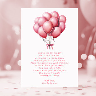 Pink Balloon Watercolor Girl Baby Shower Thank You Card