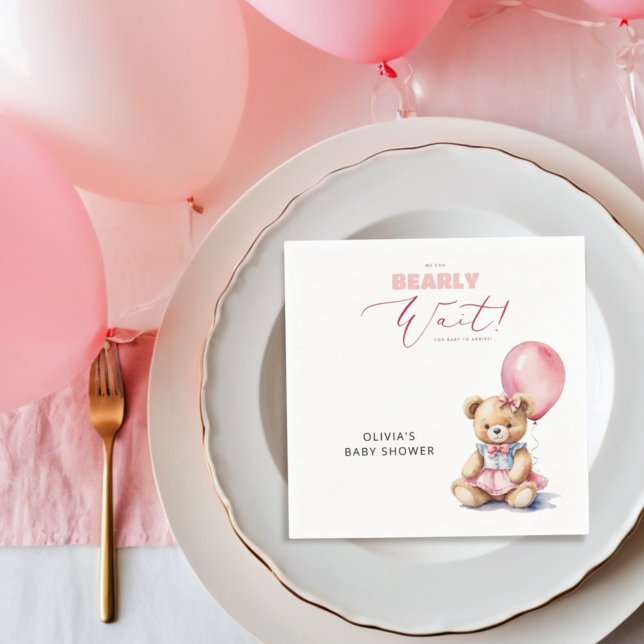 Pink Balloon We Can Bearly Wait Girl Baby Shower Napkins (Creator Uploaded)