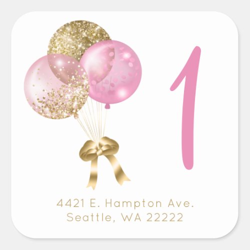 Pink Balloons 1st Birthday Return Address Square Sticker