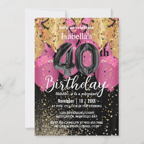 Pink Balloons and Glitter 40th Birthday Invitation