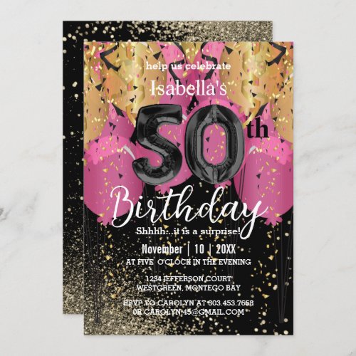 Pink Balloons and Glitter 50th Birthday Invitation