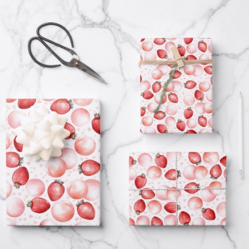 Pink Balloons and Red Strawberries Sweet Berry Wrapping Paper Sheets