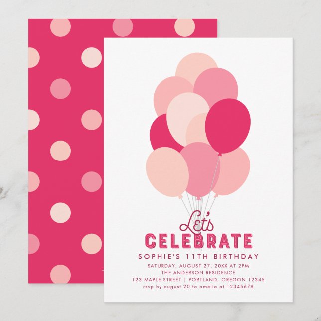 Pink Balloons Any Age Birthday Party Invitation (Front/Back)