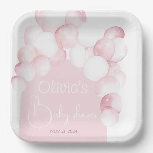 Pink balloons arch baby shower paper plates