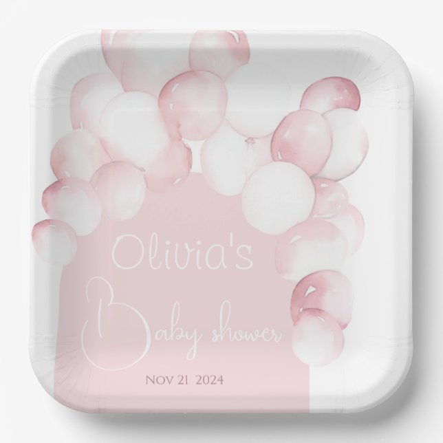 Pink balloons arch baby shower paper plates (Front)