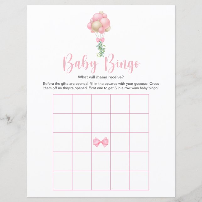 Pink Balloons Baby Shower Bingo Game (Front)