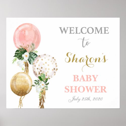 Pink balloons baby shower girl welcome sign