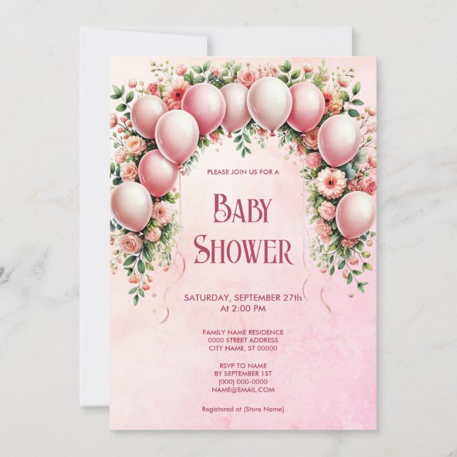 Pink Balloons Baby Shower Invitation (Front)