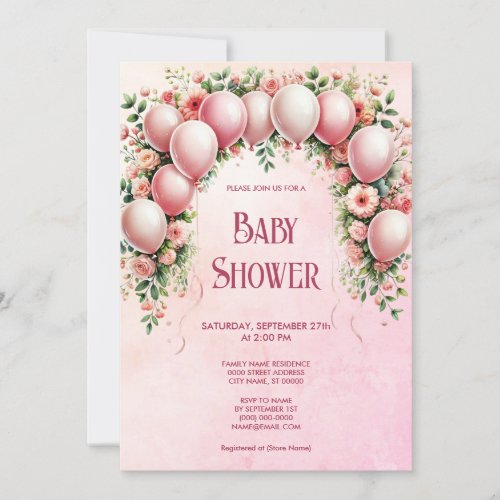 Pink Balloons Baby Shower Invitation