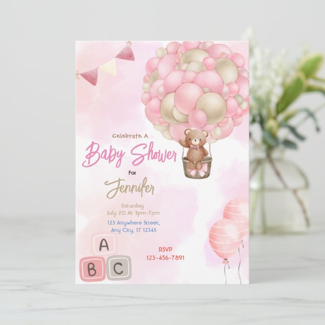 Pink Balloons Baby Shower Invitation (Standing Front)