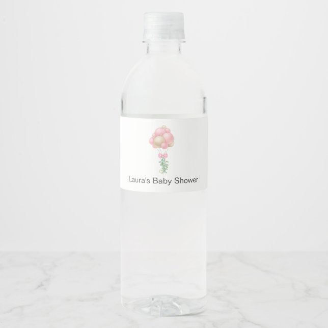 Pink Balloons Baby Shower Water Bottle Label (Front)