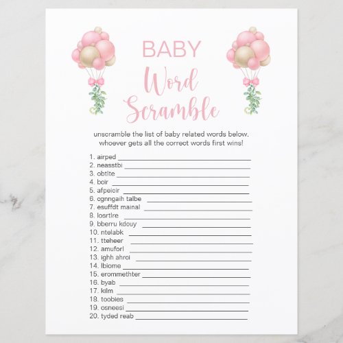 Pink Balloons Baby Shower Word Scramble