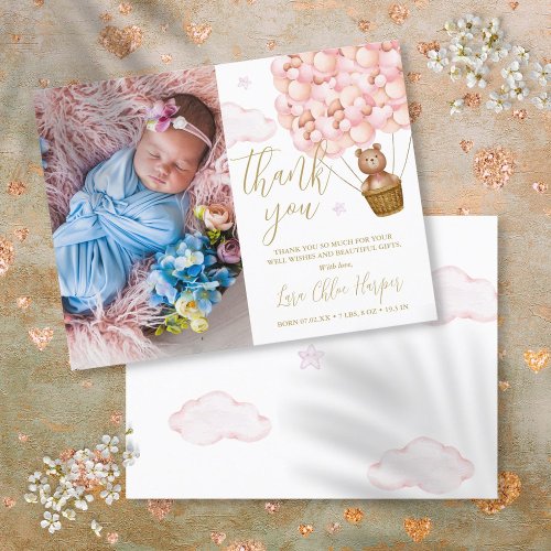 Pink Balloons Bear Thank You Baby Photo Birth Announcement Postcard