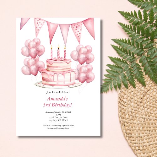 Pink Balloons Birthday Cake Banner Girl 3rd Birth Invitation