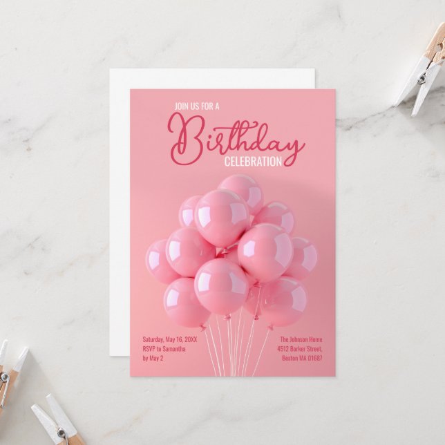 Pink Balloons Birthday Invitation (Front/Back In Situ)