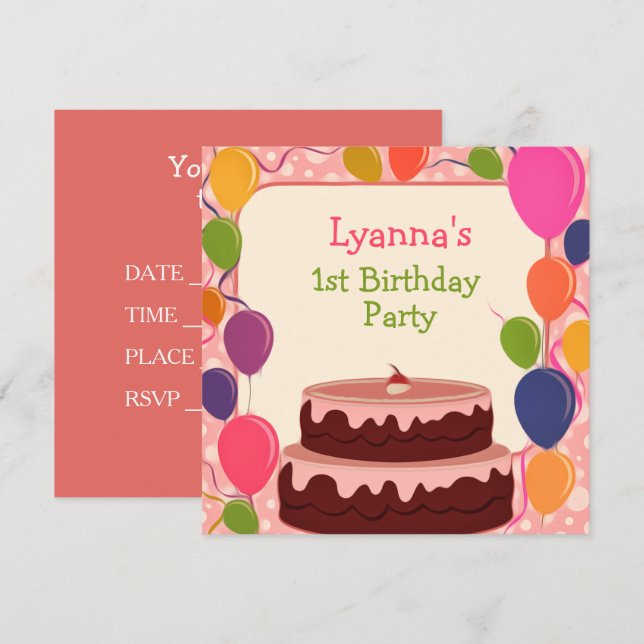 Pink Balloons Cake 1st Birthday Party Invitation  (Front/Back)
