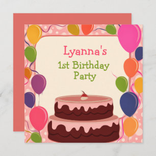 Pink Balloons Cake 1st Birthday Party Invitation 