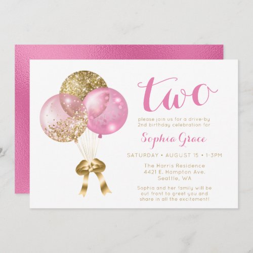 Pink Balloons Drive By 2nd Girl Birthday Invitation
