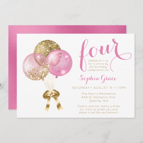 Pink Balloons Drive By 4th Girl Birthday Invitation