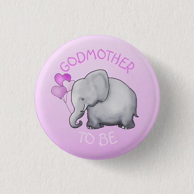 Pink Balloons Elephant Baby Shower Godmother-To-Be Button (Front)