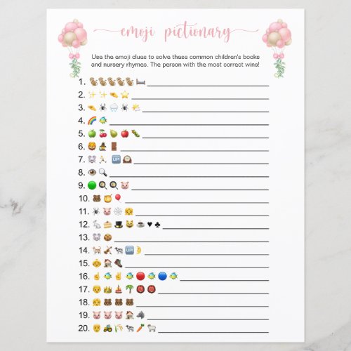 Pink Balloons Emoji Books Baby Shower Game