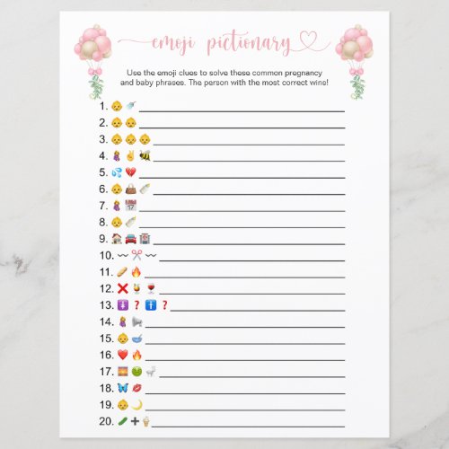 Pink Balloons Emoji Pictionary Baby Shower Game
