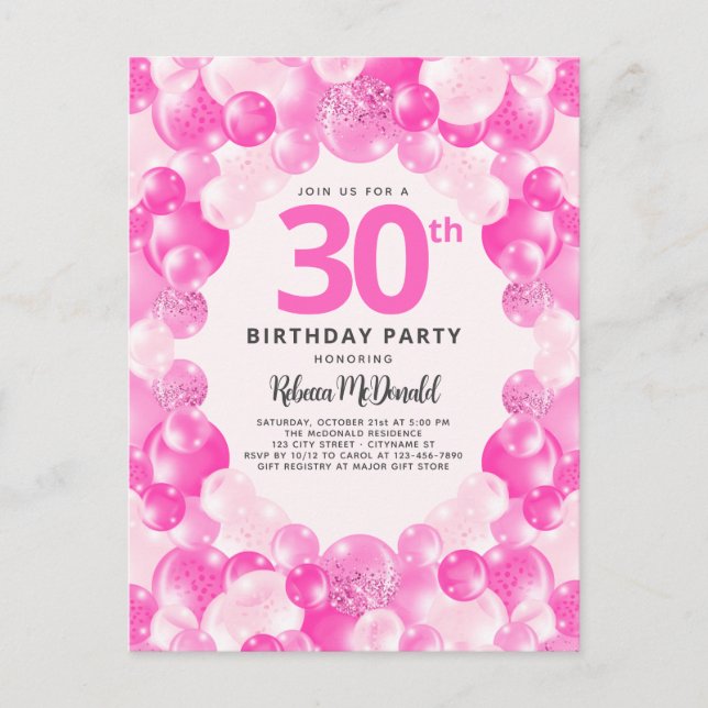 Pink Balloons Faux Glitter Fun 30th Birthday Party Invitation Postcard (Front)