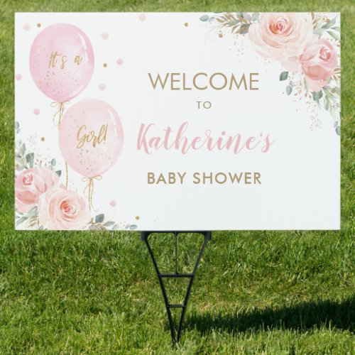 Pink Balloons Floral Girl Baby Shower Welcome Yard Sign