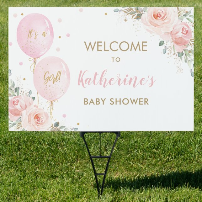 Pink Balloons Floral Girl Baby Shower Welcome Yard Sign (Insitu)