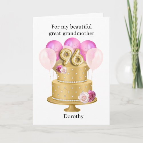 Pink Balloons Flowers Gold 96th Birthday Cake Card