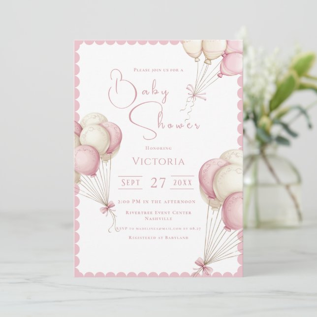 Pink Balloons Girl Baby Shower Invitation (Standing Front)