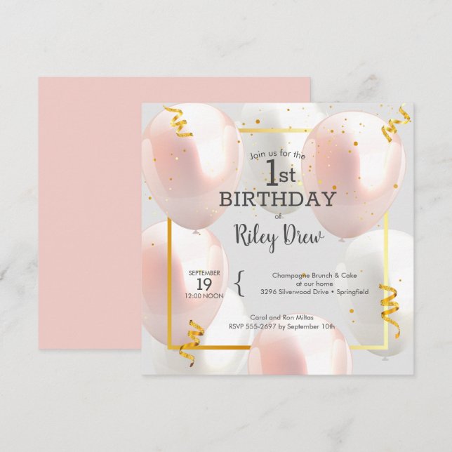 Pink Balloons Girl's 1st Birthday Invitation (Front/Back)