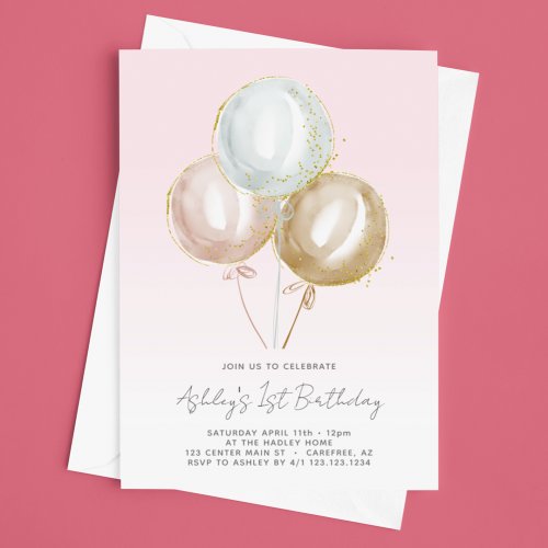 Pink Balloons Girls 1st Birthday Invitation