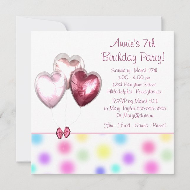 Pink Balloons Girls 7th Birthday Party Invitation (Front)