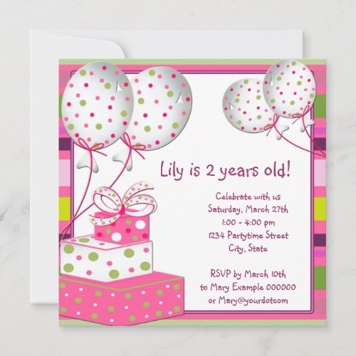Pink Ballons Girls 2nd Birthday Party Personalized Announcements