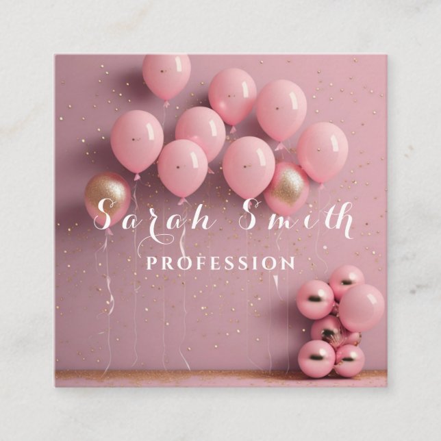 Pink Balloons Glitter Gold Event Wedding Party Square Business Card (Front)