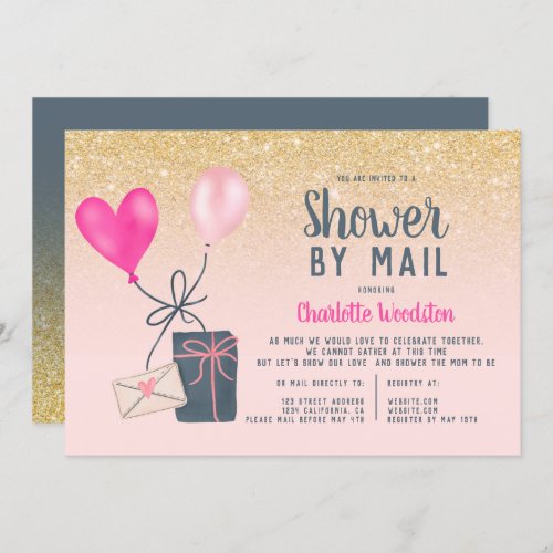 Pink balloons gold glitter baby shower by mail invitation