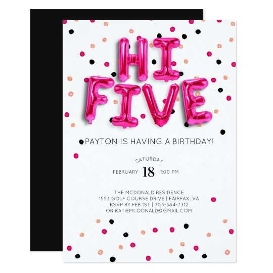 pink balloons hi five 5th birthday invitation zazzle com 5th birthday invitation