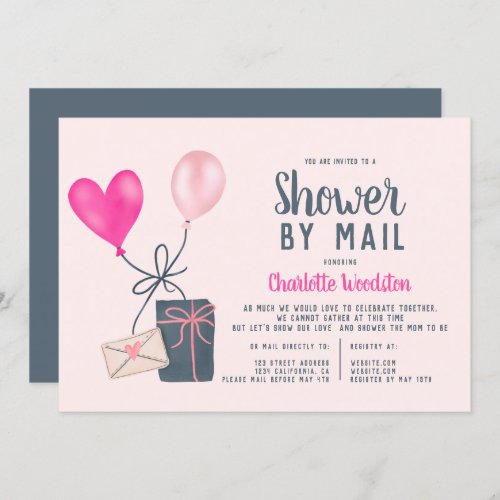 Pink balloons illustration baby shower by mail invitation