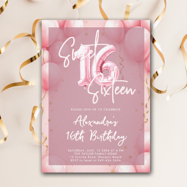 Pink Balloons Modern Calligraphy Elegant Sweet 16 Invitation (sweet sixteen invitation birthday party pink balloons modern calligraphy milestone glam feminine)