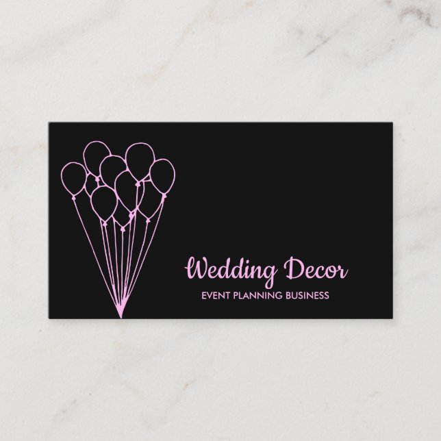 Pink Balloons on Black Event Planner Business Card (Front)
